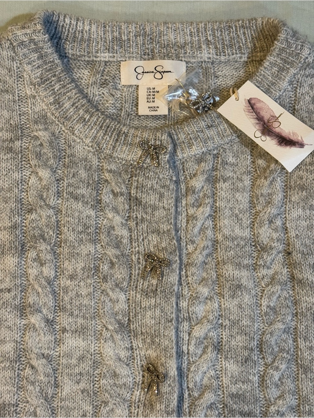 Jessica Simpson Light Gray Cable Knit Cropped Cardigan w/ Sparkly Bow Buttons